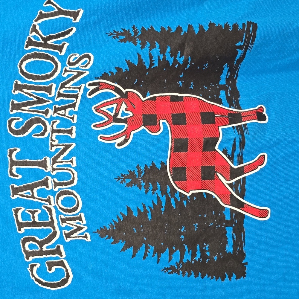 Gildan Great Smoky Mountains Red Black Plaid Deer Blue Tee Shirt Unisex Size XL